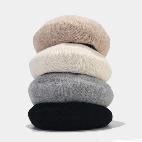 Boina De Pelo De Conejo Estilo Francés Gorro De Punto Suave Esponjoso Cálido Invierno Gorra Artista Color Sólido Elegante Mujer