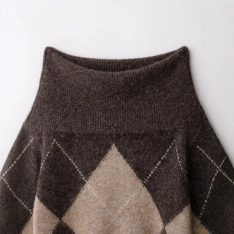 Maglione In Maglia Argyle Donna Manica Lunga Retro Soffice Pullover Top Poliestere Morbido Vestibilità Ampia Jumper Invernale