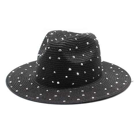 Women Summer Straw Fedora Hat Wide Brim Panama Sun Cap With Rhinestone Rivet Decor Beach Holiday Jazz Style Breathable