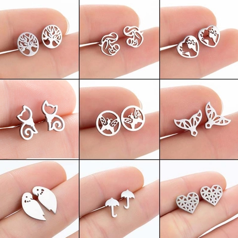 Stainless Steel Stud Earrings Hollow Butterfly Heart Tree Of Life Whale Tail Elephant Umbrella Minimalist Jewelry For Women