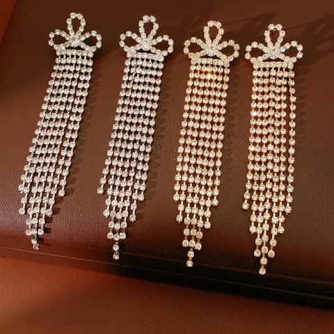Lange Quasten-Ohrhänger Für Damen Mit Silber-Ohrstecker Kupfer-Strass-Schleife Vintage Eleganter Party-Schmuck