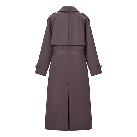 Elegante Dames Dieppaars Polyester Double-breasted Lang Trenchcoat Gegordeld Revers Winddicht Jas Retro Klassieke Mantel