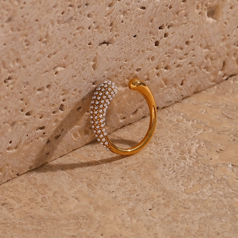 Anillo Abierto Minimalista de Acero Inoxidable para Mujer Forma de Gota de Agua Perla Artificial Diamantes de Imitación Ajustable Joyería