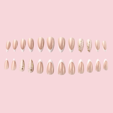 French White Almond Press On Nails Gold Foil Marble Pattern Nude Long Stiletto Glue On Nails For Women Manicure Decor