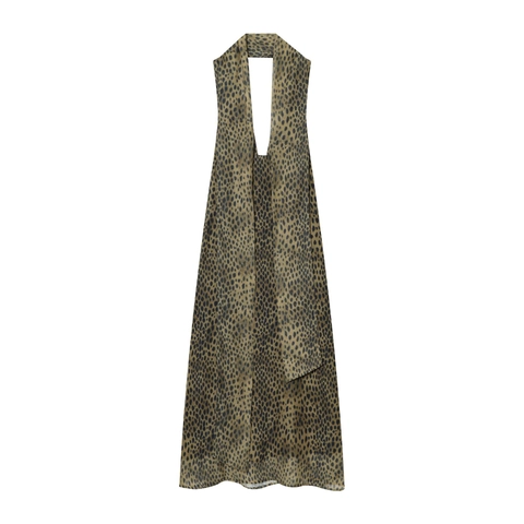 Leopard Print Halter Maxi Dress Polyester Deep V Neck Sleeveless Backless Slim Fit Summer Clubwear For Women