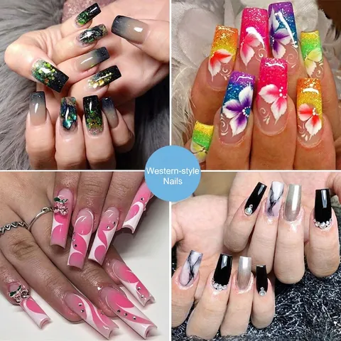 Lange Coffin Press On Nägel Strass Glitzer Marmor Blumen Design French Tip Elegante Künstliche Nägel Für Frauen