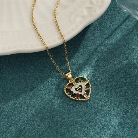 Edelstahl Herz Anhänger Halskette Mit Bunten Zirkonia Und Emaille Geometrischer Eleganter Schmuck Für Damen