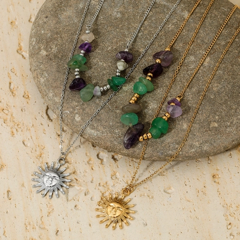 Collier Pendentif Soleil Éclats De Pierre Naturelle Acier Inoxydable Multi Rangs Style Bohème Vintage Bijoux Femme
