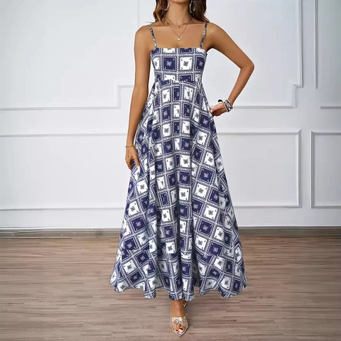 Damen Sommer Blumenmuster Spaghetti Träger Maxikleid Rückenfrei Hohe Taille A-Linie Sexy Urlaub Strand Langes Kleid