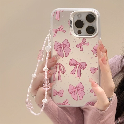 Custodia Per Telefono Laser Bianca Smerigliata Con Motivo A Fiocco Rosa Catena Da Polso Con Perline TPU Antiurto Protezione Carina Per Donne Ragazze