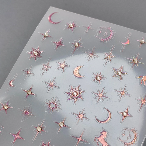 Autocollants Nail Art 3D Relief Métallique Rose Vif Étoile Lune Licorne Auto Adhésif Décalcomanies Avec Strass DIY