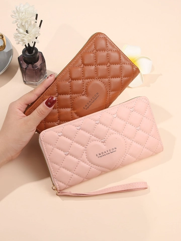 Damen Geldbörse Lang PU Leder Gesteppt Herzmuster Reißverschluss Große Kapazität Clutch Mit Handschlaufe Handytasche