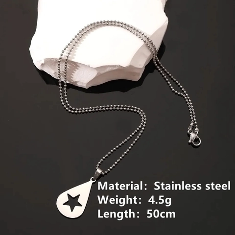 Stainless Steel Water Drop Pendant Necklace Hollow Pentagram Star Ball Chain Jewelry For Women Elegant Silver Tone