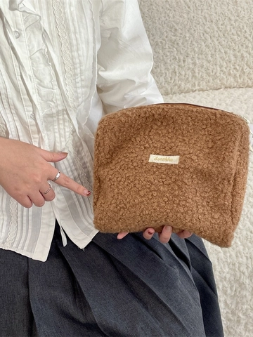 Grote Capaciteit Sherpa Fleece Cosmetische Tas Vrouwen Bouclé Pluche Toilettas Makeup Organizer Raster Gestreepte Opbergtas