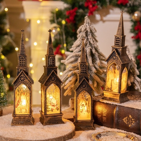 Lanterna Chiesa Natale LED Luminosa Retro Bronzo Plastica Ornamento Scrivania Atmosfera Vacanze Luce Notturna Decorazione Luce Calda