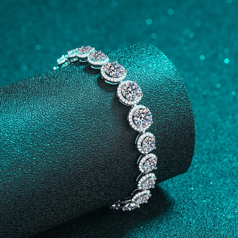 Luxury 925 Sterling Silver Moissanite Tennis Bracelet For Women Round Brilliant Cut Halo Setting Sparkling Fine Jewelry