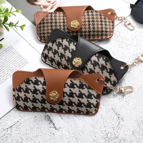 Funda Portátil Para Gafas Cuero PU Tela Pata De Gallo Gancho Bolsa Protectora Para Gafas De Sol Moda Retro