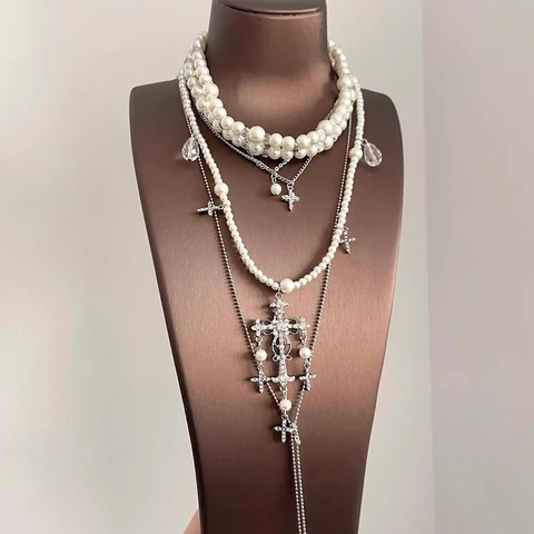 Collana A Strati Barocca Imitazione Perla Artificial Strass Ciondolo Croce Gotico Vintage Elegante Gioielli Donne