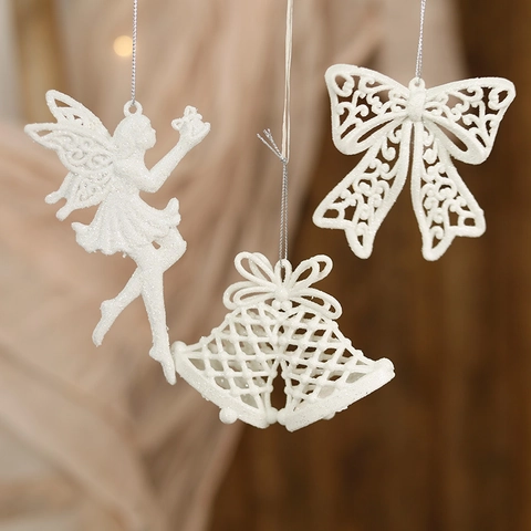 Addobbi Natalizi Appesi Con Glitter Bianco PVC Plastica Renna Angelo Stella Campana Fiocco Decorazione Albero