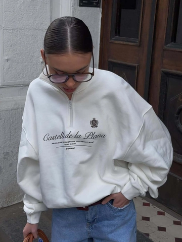 Sudadera De Algodón Para Mujer Con Media Cremallera Cuello Alzado Manga Larga Retro Americano Streetwear Estampado Letras Pullover Suelto
