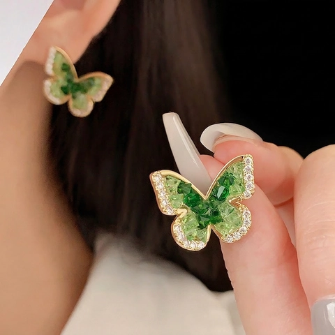 Orecchini Vintage In Zircone Smeraldo Verde Farfalla Fiore Resina Perla Artificial Lega Gioielli Con Perno In Argento Per Donne
