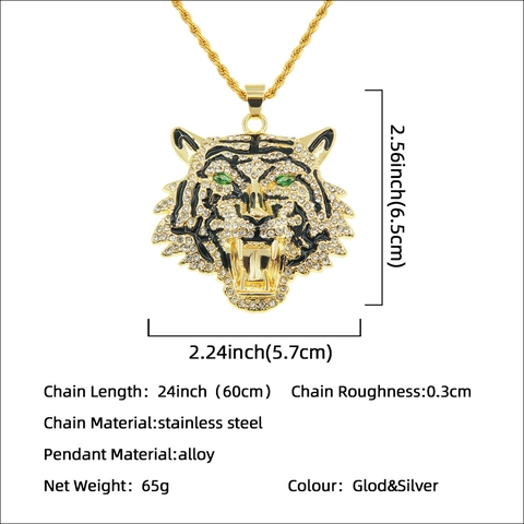 Hip Hop Tiger Head Pendant Necklace Green Eyes Rhinestone Animal Jewelry Stainless Steel Chain For Men Party Cool Gift
