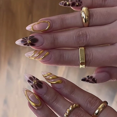 Unghie Finte Mandorla Fiori 3D Motivo Leopardo Onde Dorate Plastica ABS Manicure Lucida Per Donne