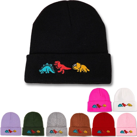 Kids Winter Knitted Beanie Hat Dinosaur Embroidery Warm Polyester Folded Cuff Outdoor Cap For Boys And Girls