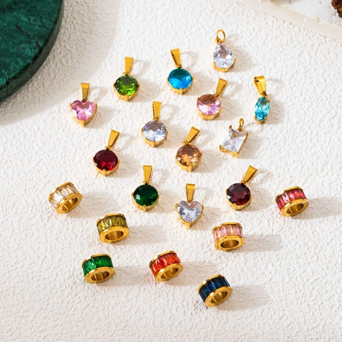 18K Gold Plated Stainless Steel Colorful Zirconia Pendant Necklace For Women Elegant Heart Round Geometric Gemstone Inlaid Jewelry