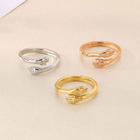 Anillo Abierto Manos Abrazando Acero Inoxidable 316L Ajustable Joyería De Moda Minimalista Regalo Para Mujeres Hombres