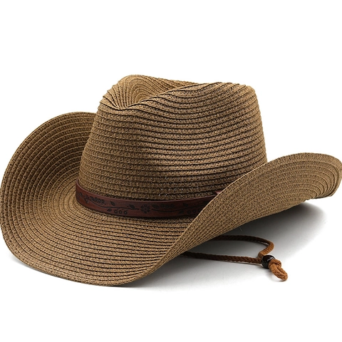 Western Cowboy Straw Hat For Men Women Wide Brim Summer Sun Hat With Embossed Leather Band Adjustable Chin Strap