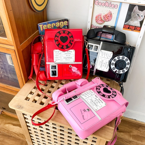 Borsa Tracolla Telefono Retrò Pelle Verniciata PU Novità Quadrante Cornetta Stile Vintage Borsa A Mano Moda Per Donne