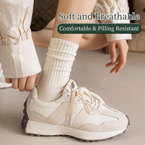Women Crew Socks Ribbed Knit Solid Color Breathable Elastic Casual Sporty Mid Calf Stockings