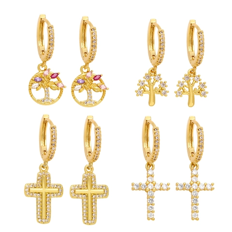 Fashion Gold Plated Copper Cross And Tree Of Life Drop Earrings With Cubic Zirconia For Women Minimalist Style