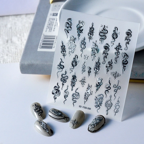 5D Geprägte Nagelaufkleber Selbstklebend Wasserdicht Gothic Dunkel Schlange Rose Schmetterling Totem DIY Nagelkunst Aufkleber