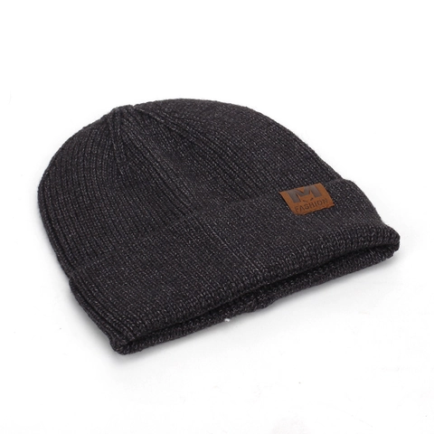 Knit Beanie Hat Winter Warm Acrylic Ribbed Cuffed With Leather Patch Fashion Solid Color For Men Women