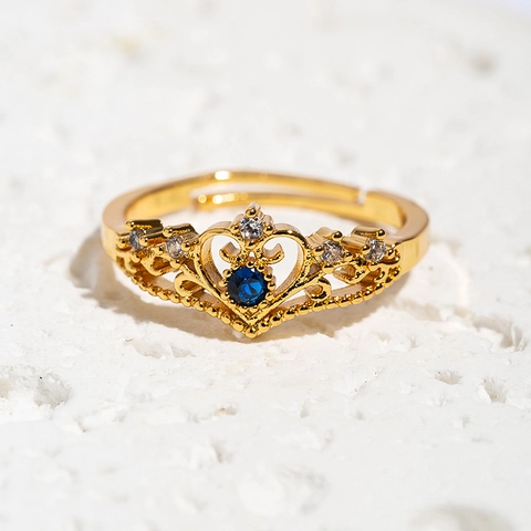 Kronenring Kupfer Vergoldet Blauer Zirkon Verstellbar Offenes Design Modeschmuck Für Frauen Hochzeitsgeschenk