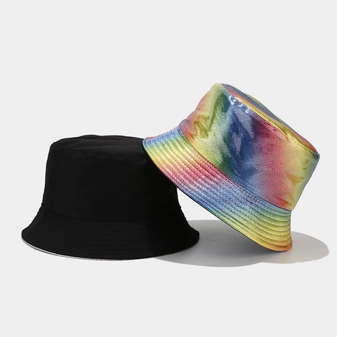 Cappello da Pescatore in Pelle Artificiale Iridescente Metallica Per Donna Uomo Protezione Solare Laser Glitter Pieghevole