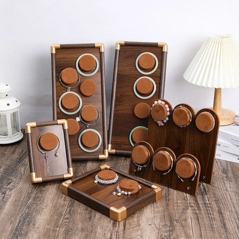 Walnut Wood Jewelry Display Stand Tray Bracelet Necklace Ring Organizer With Gold Metal Corner And Velvet Pad For Shop