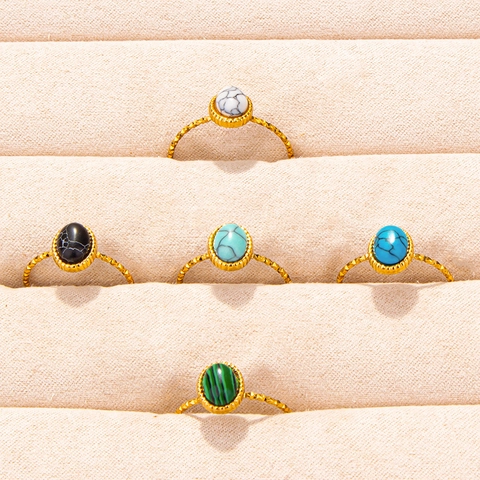Bohemian Stainless Steel Ring Vintage Oval Imitation Turquoise Marble Stone Inlaid Geometric Adjustable Open Finger Jewelry For Women