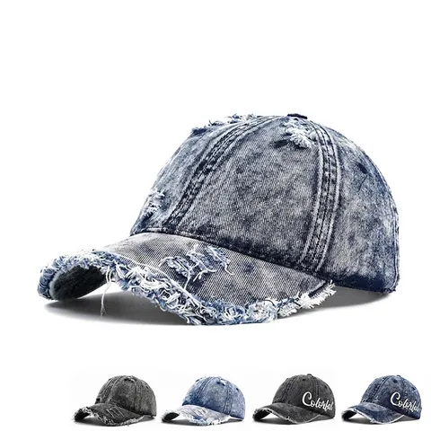 Retro Washed Denim Baseball Cap Distressed Frayed Edges Peaked Sun Hat Verstellbar Für Herren Damen Streetwear Stil