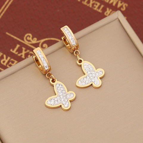Boucles Oreilles Créoles En Acier Inoxydable Plqué Or Avec Strass Zircon Coeur Papillon Élégant Femme Earring Post