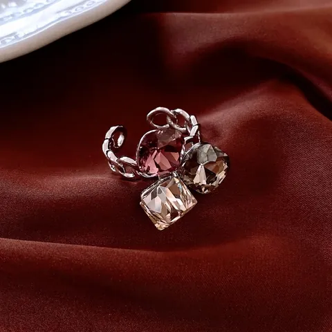 Anillo De Circonio Cuadrado Geométrico Cristal Colorido Banda De Cadena Abierta Ajustable Joyería De Cobre Para Mujeres