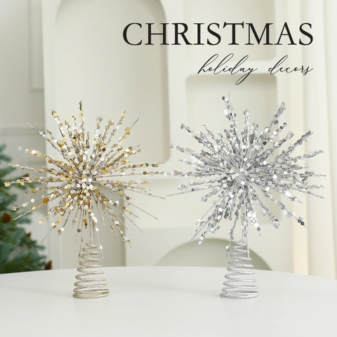 Christmas Tree Topper Star Sparkling Glitter Hollow Eight Pointed Five Pointed Explosion Style Metal Ornament Xmas Decor