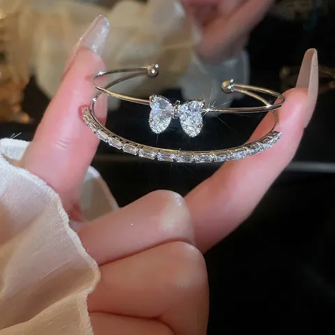 Double Row Open Bangle Copper Cubic Zirconia Bow Heart Elegant Adjustable Bracelet Women Jewelry
