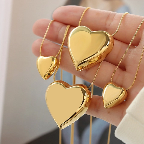 Heart Pendant Necklace Titanium Steel Chic Minimalist Romantic Jewelry For Women Mirror Polish 3D Love Shape Snake Chain