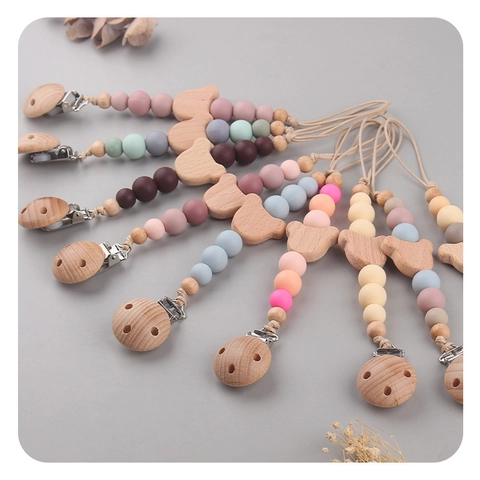 Baby Pacifier Clip Chain Silicone Beads Beech Wood Bear Teether Holder For Infants Soothing Anti-Drop Nipple Leash Strap
