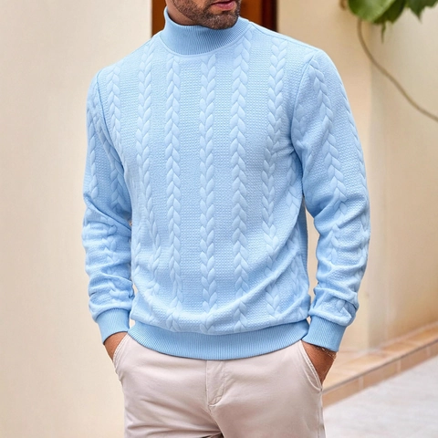 Men Turtleneck Sweater Cable Knit Solid Color Long Sleeve Thermal Casual Knitted Pullover Top