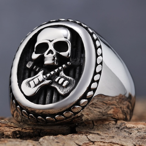 Anello Da Uomo In Acciaio Inossidabile Punk Rock Vintage Teschio Chitarre Design Gotico Hip Hop