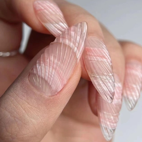 Uñas Postizas Press On Forma Almendra Plástico ABS Degradado Rosa Blanco Textura Concha 3D Manicura Elegante Larga Extensión